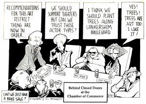 Published in the first issue of NoHo Magazine, Steven Lee Stinnett's cartoon captures the moment of creation of the NoHo Arts District.